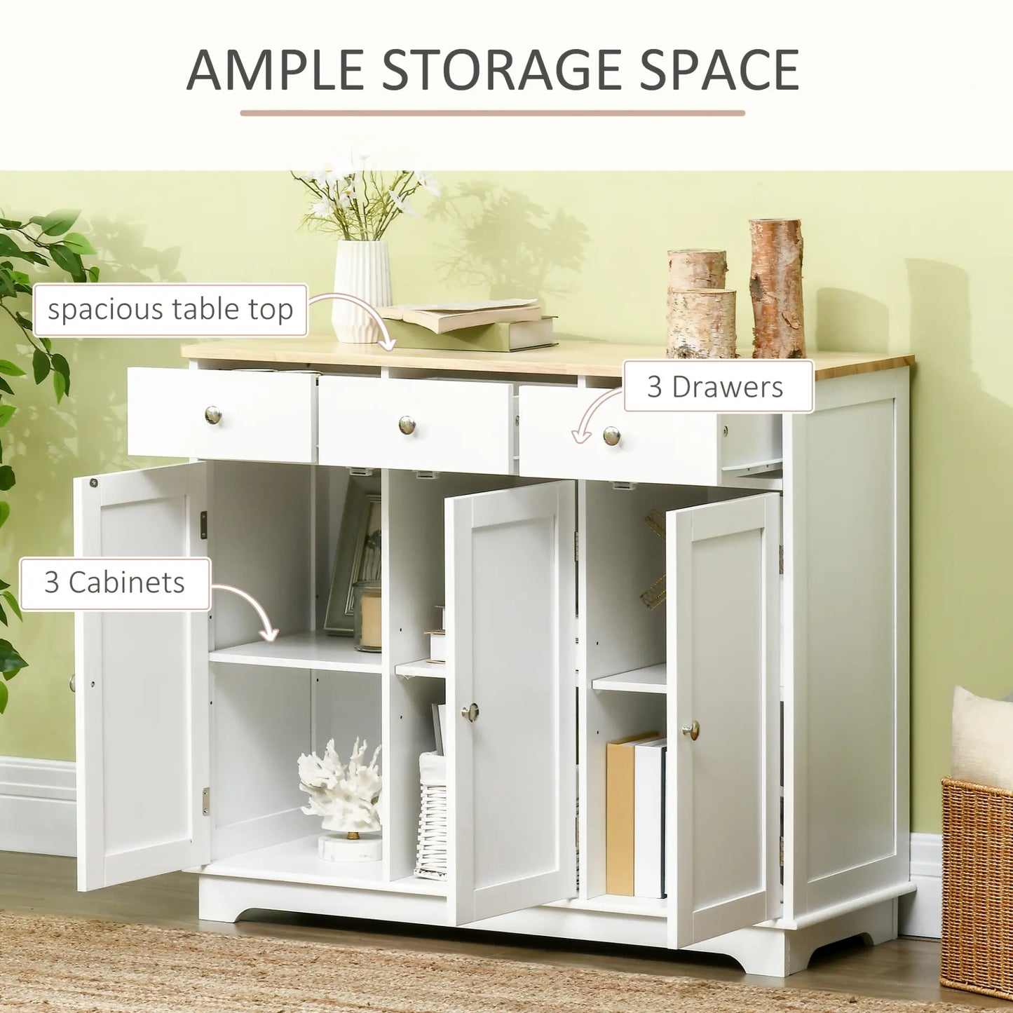 Modern Sideboard with Rubberwood Top, Buffet Cabinet with Storage - Living with Luxury