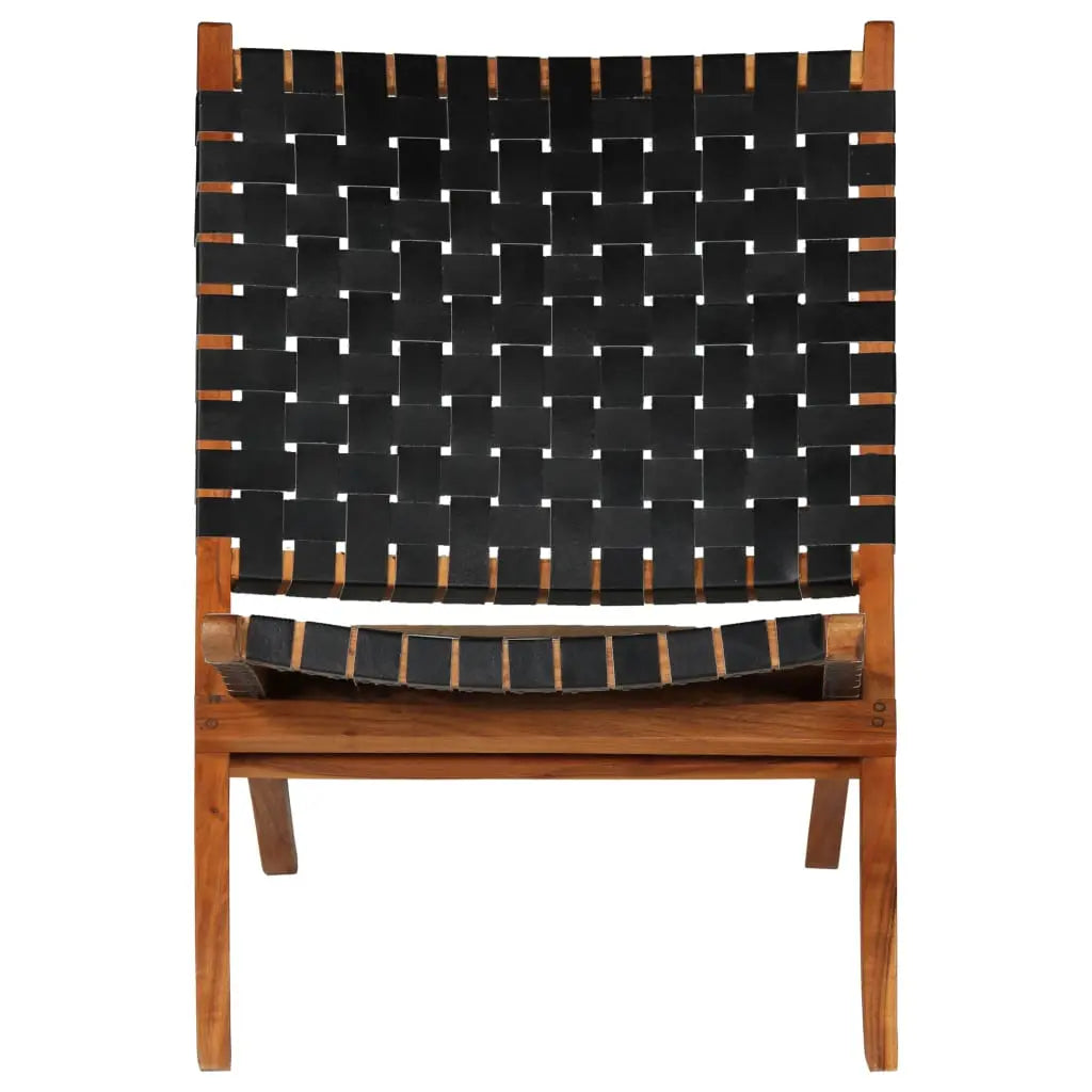 Folding Chair Crossed-Stripe Black Real Leather - Living with Luxury
