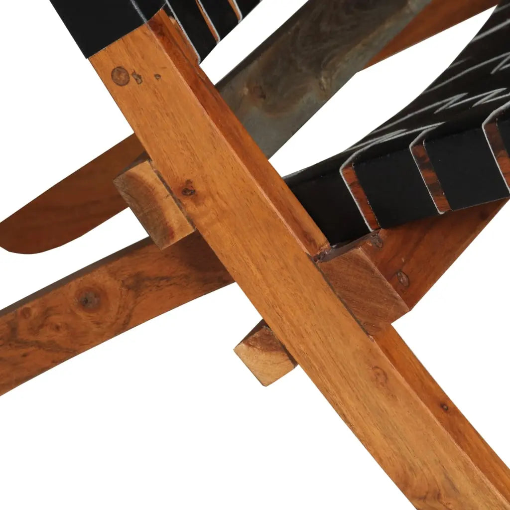 Folding Chair Crossed-Stripe Black Real Leather - Living with Luxury