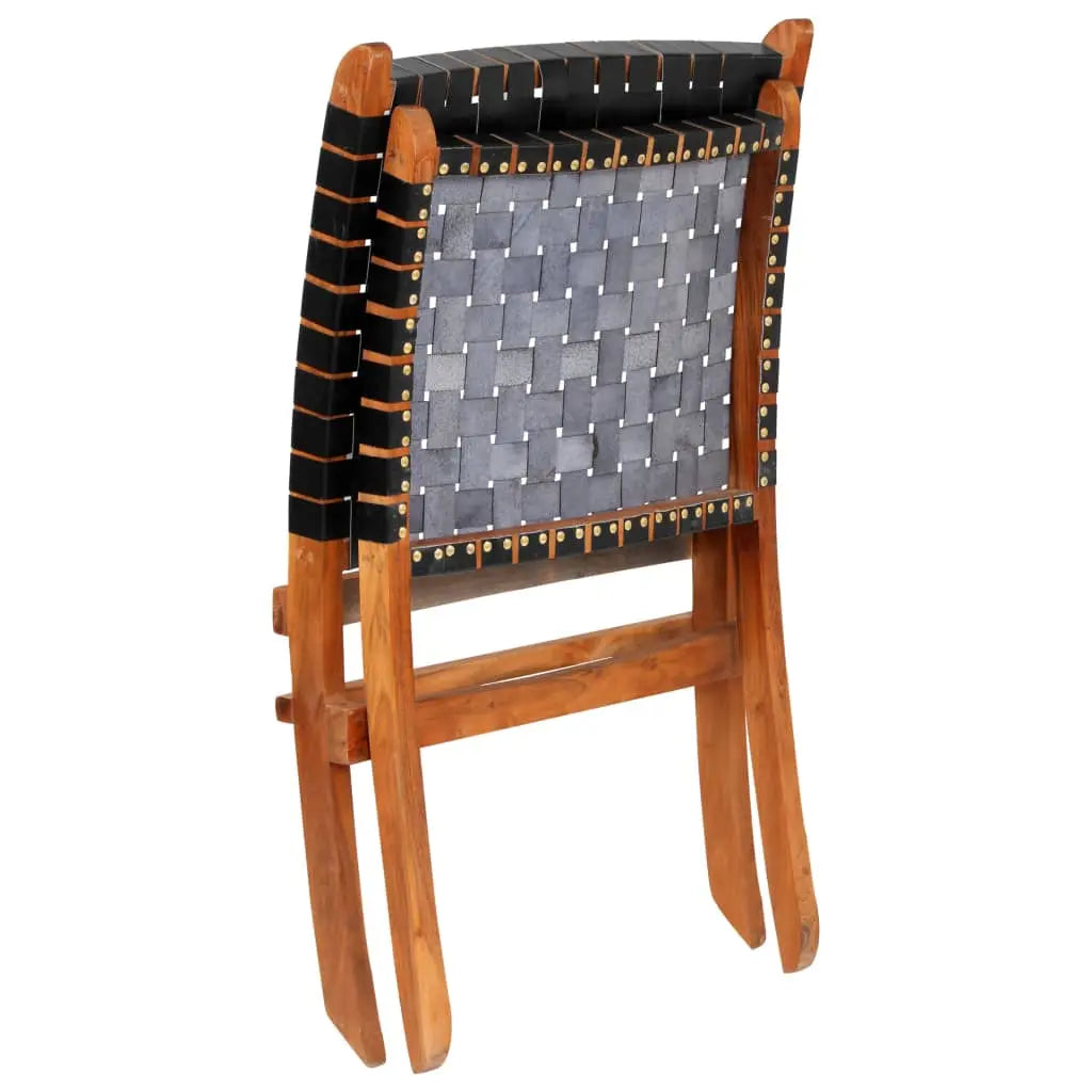 Folding Chair Crossed-Stripe Black Real Leather - Living with Luxury