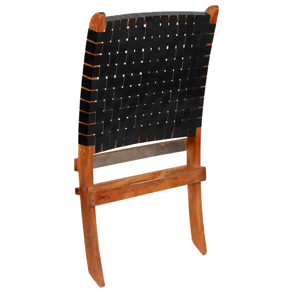 Folding Chair Crossed-Stripe Black Real Leather - Living with Luxury