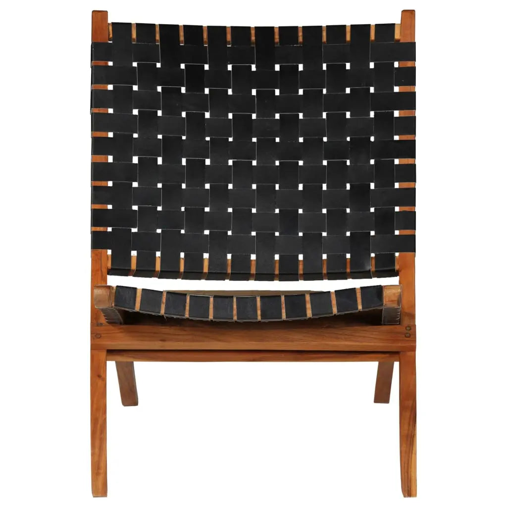 Folding Chair Crossed-Stripe Black Real Leather - Living with Luxury
