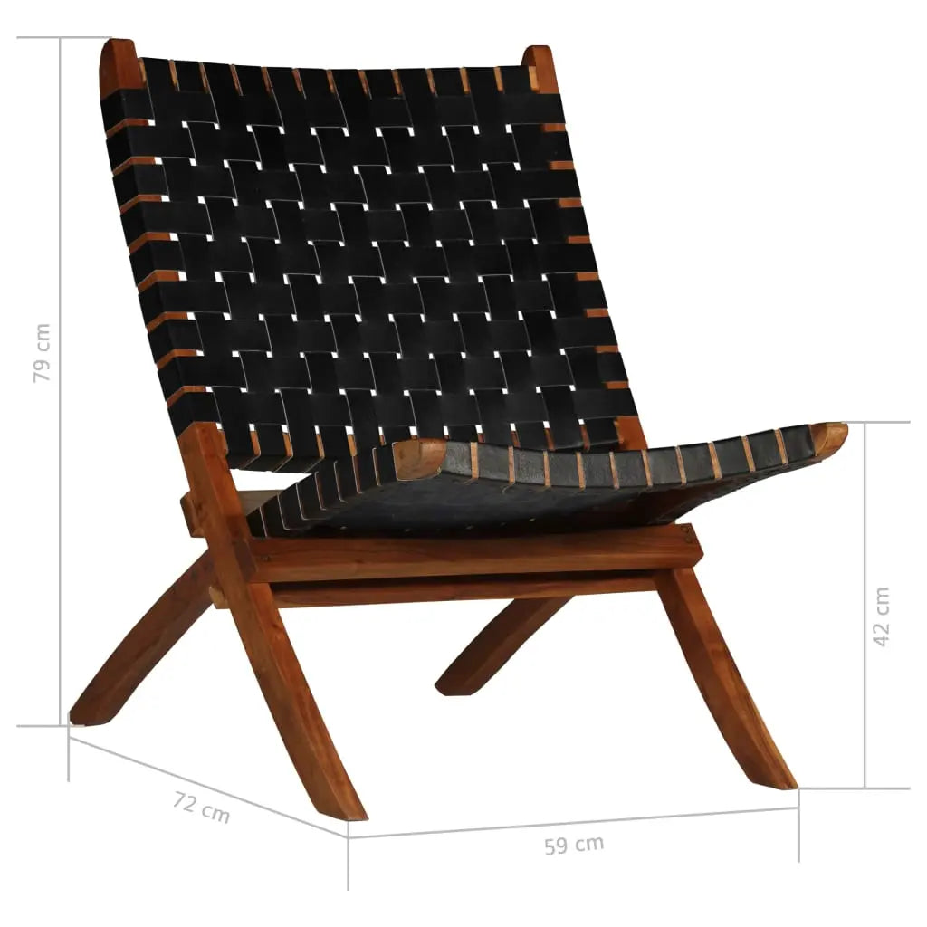 Folding Chair Crossed-Stripe Black Real Leather - Living with Luxury