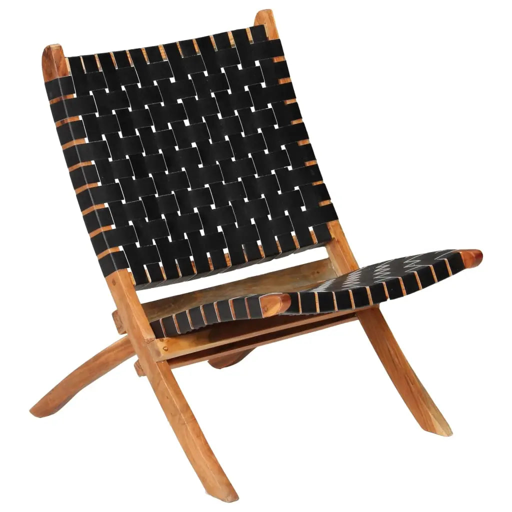 Folding Chair Crossed-Stripe Black Real Leather - Living with Luxury