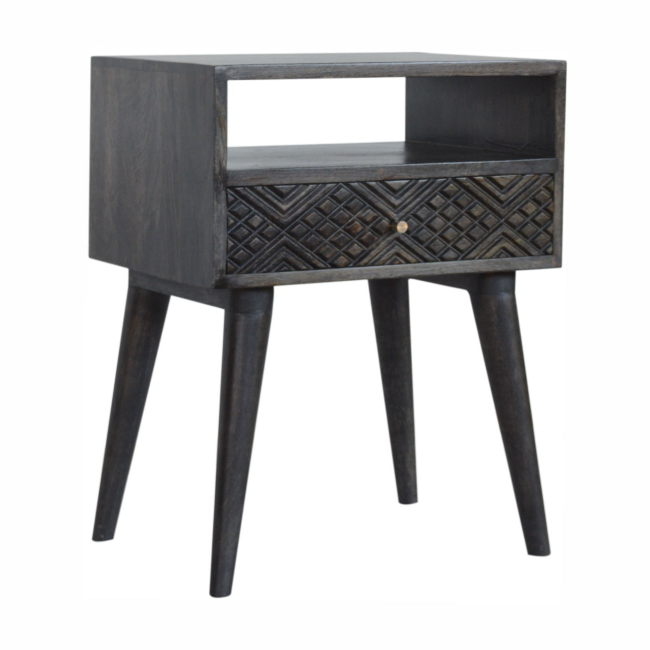 Ash Black Carved Drawer Bedside Living with Luxury