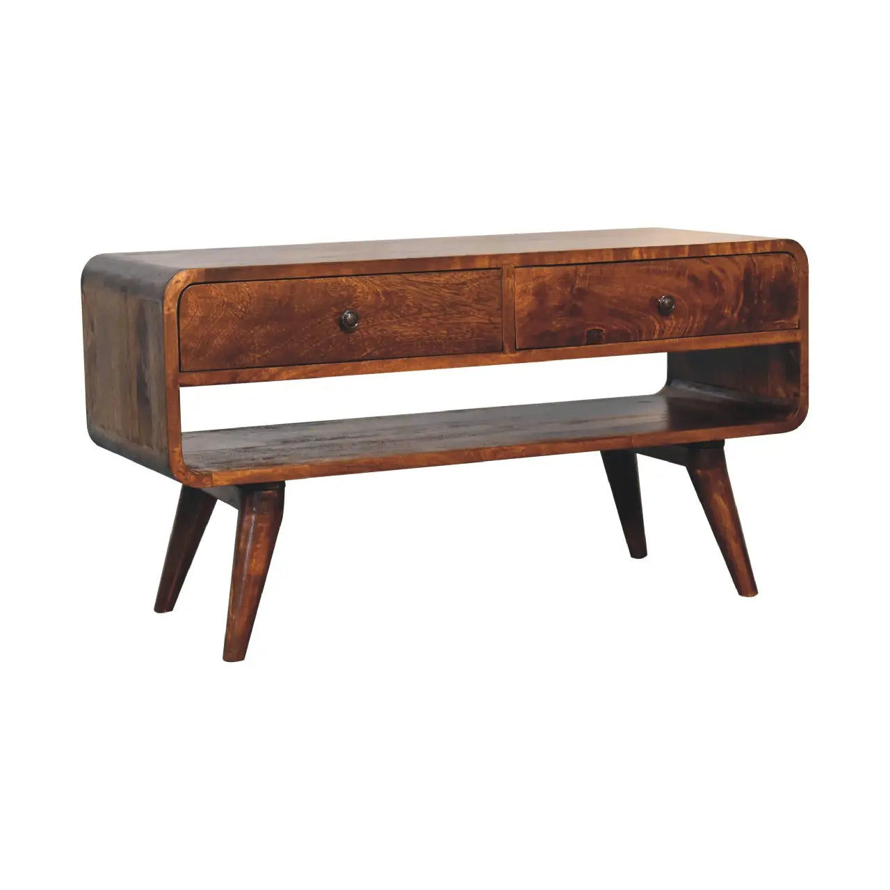 Reverse Curved Chestnut Media Unit - Living with Luxury
