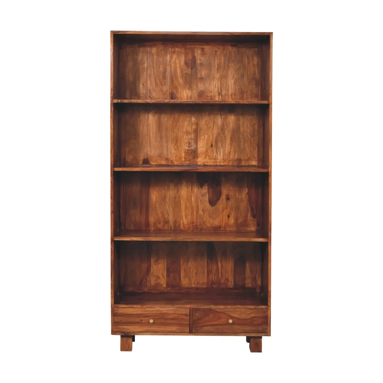 Tula Bookcase crafted from Sheesham wood with chestnut finish and brass knobs