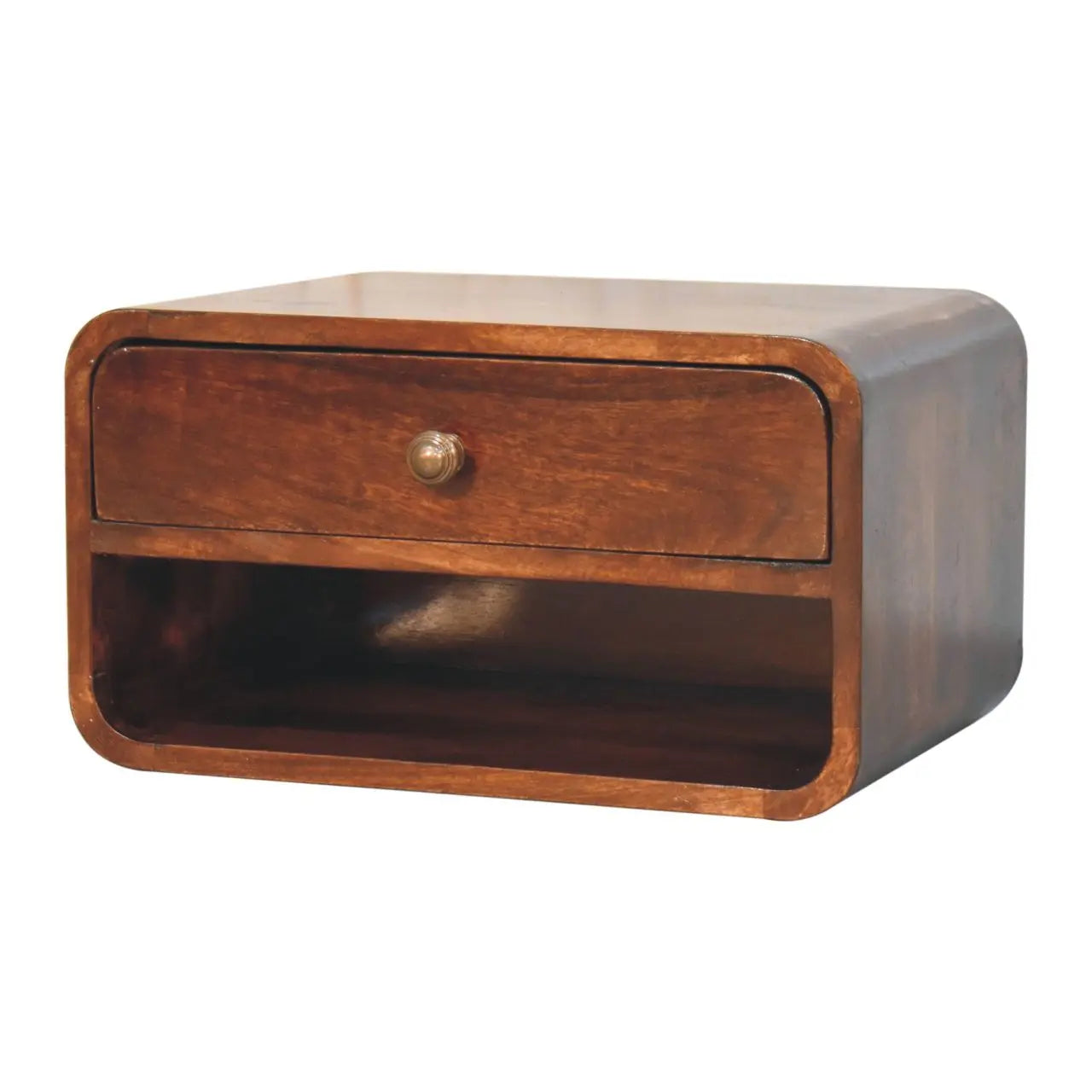 Curved California Walnut Wall Mounted Bedside with Open Slot - Living with Luxury