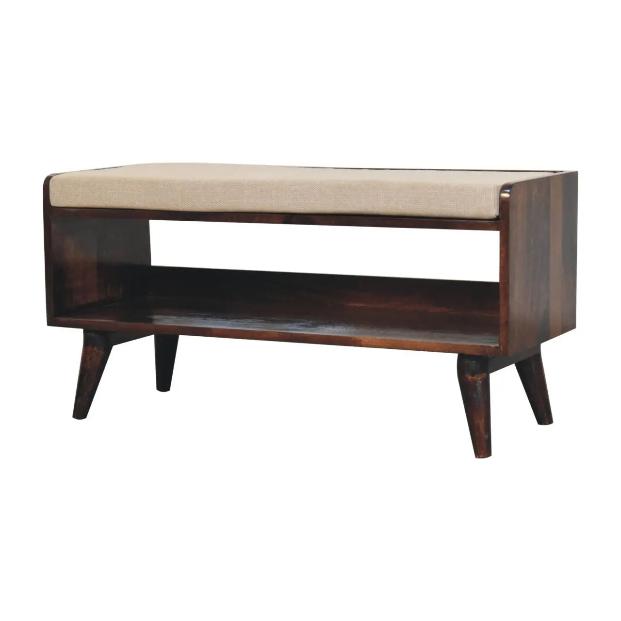 California Walnut bench with mud linen seat pad - Living with Luxury