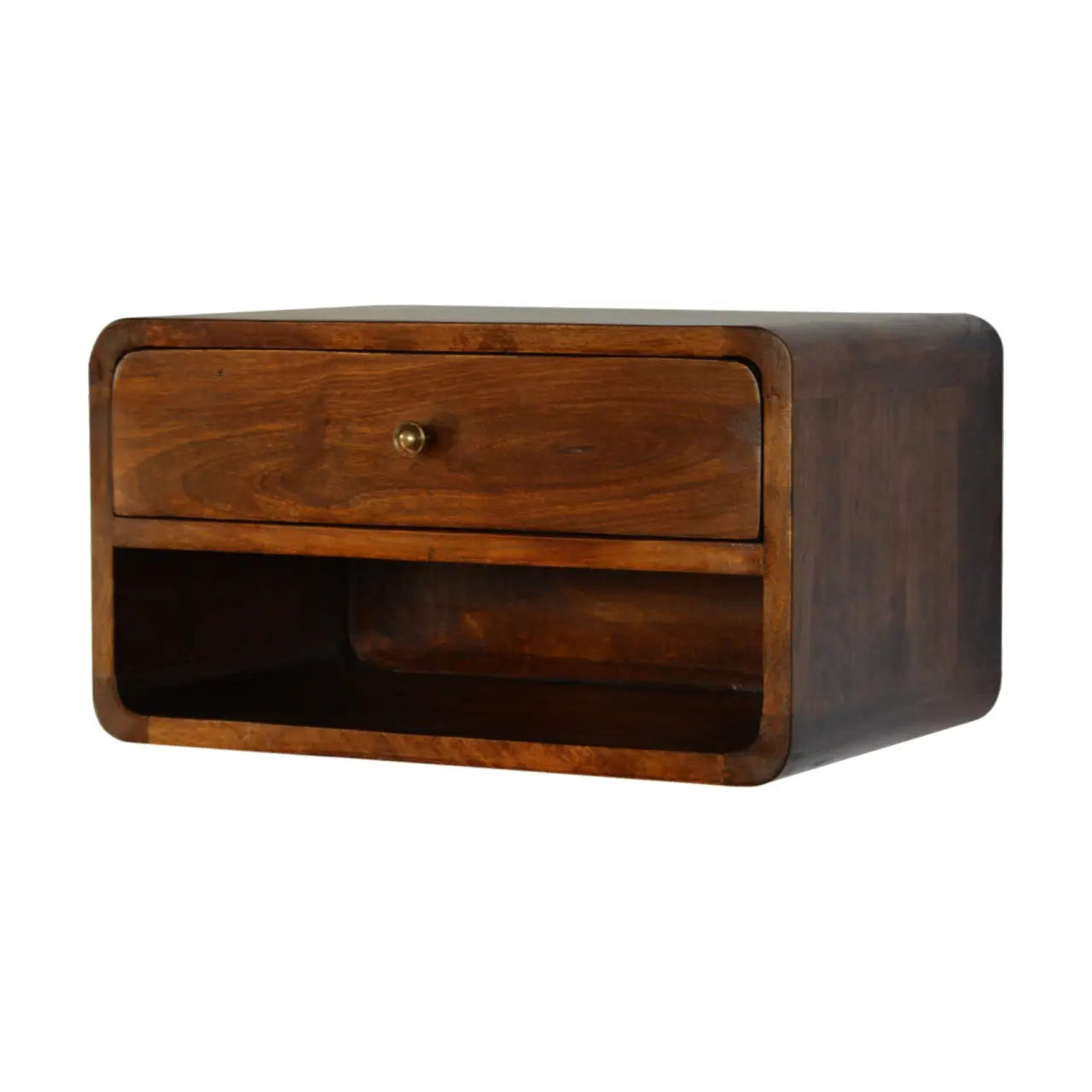 Chestnut Curve Floating Bedside Table in a Modern Bedroom Setup