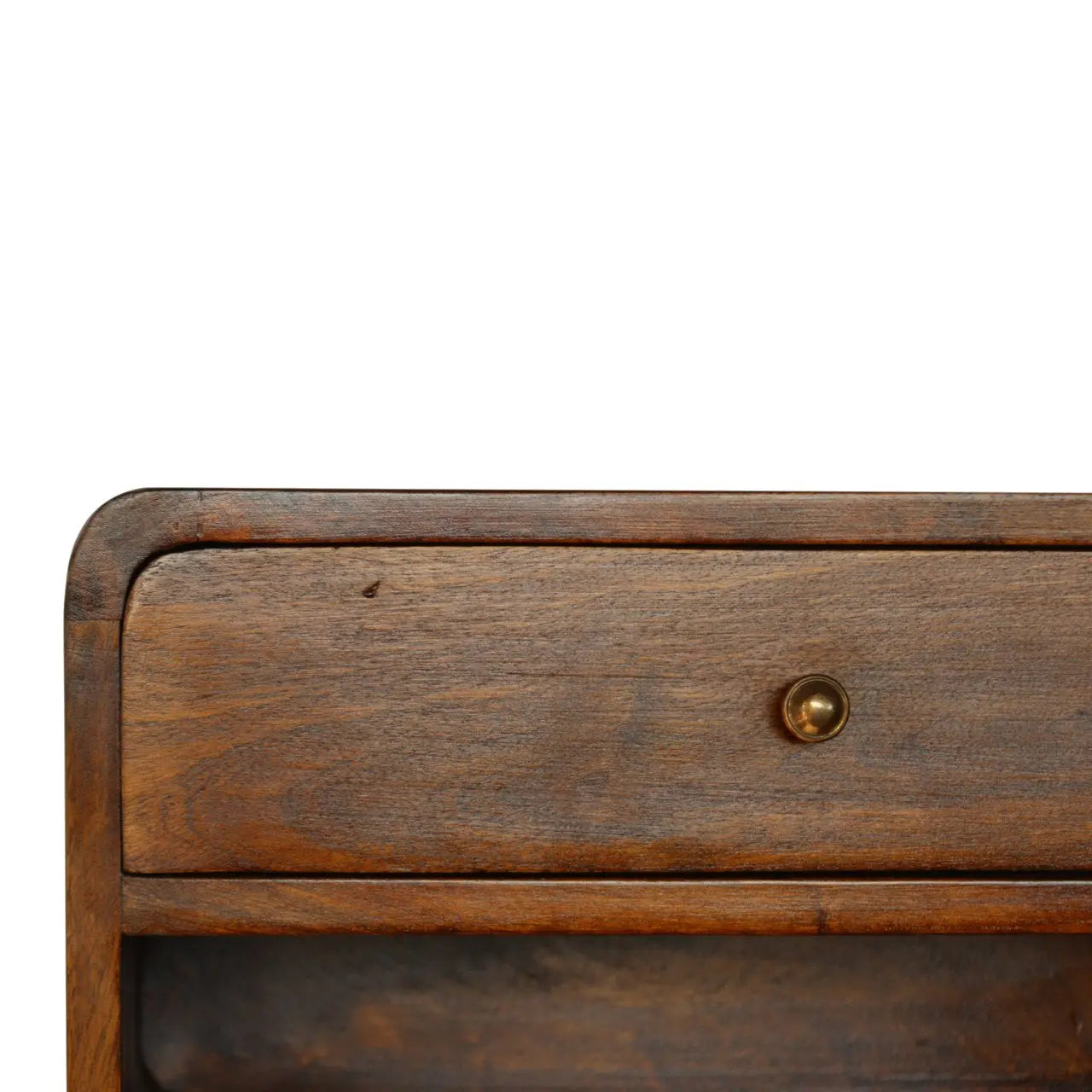 Detail View of Chestnut Curve Floating Bedside with Premium Finish