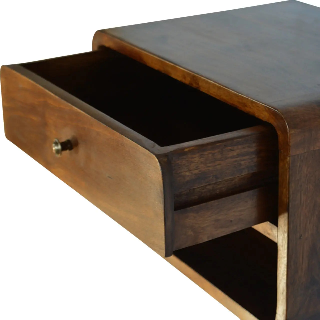 Chestnut Curve Floating Bedside Styled with Modern Décor