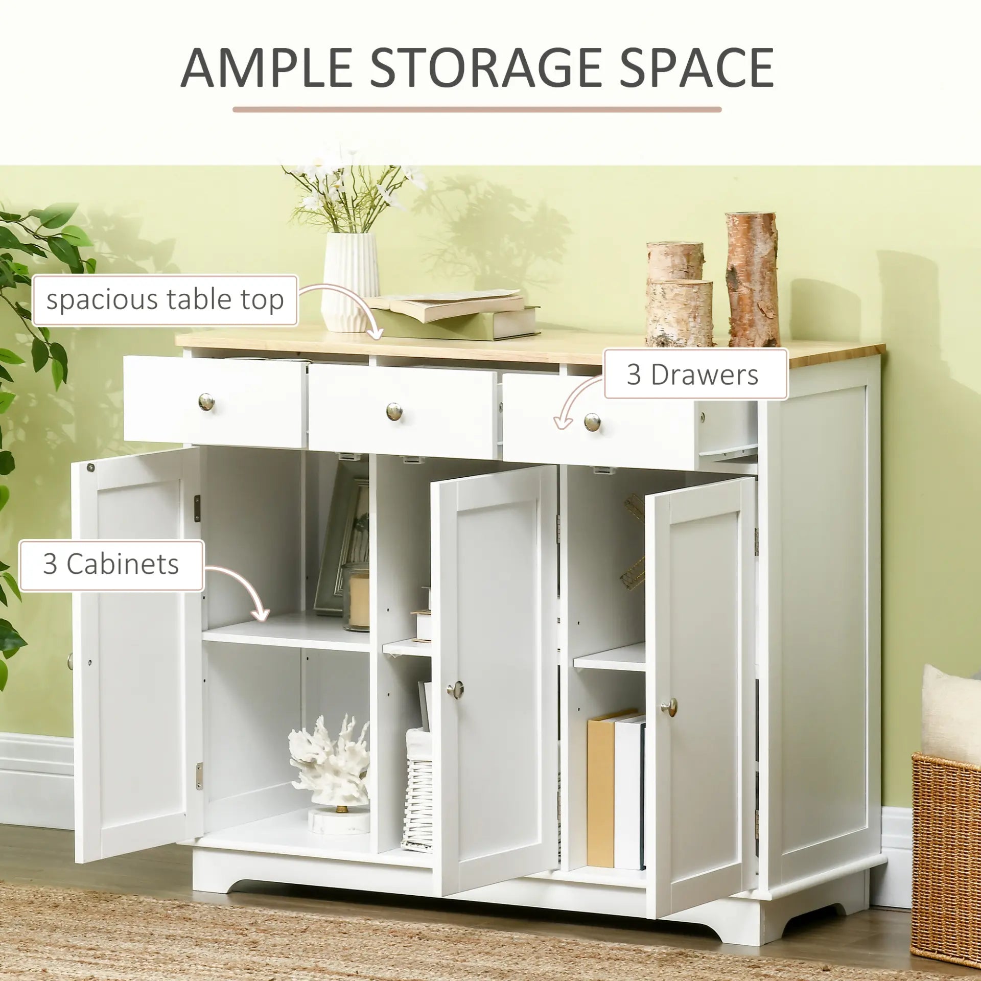 Modern Sideboard with Rubberwood Top, Buffet Cabinet with Storage - Living with Luxury