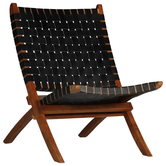 Folding Chair Crossed-Stripe Black Real Leather - Living with Luxury