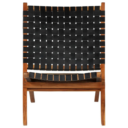 Folding Chair Crossed-Stripe Black Real Leather - Living with Luxury