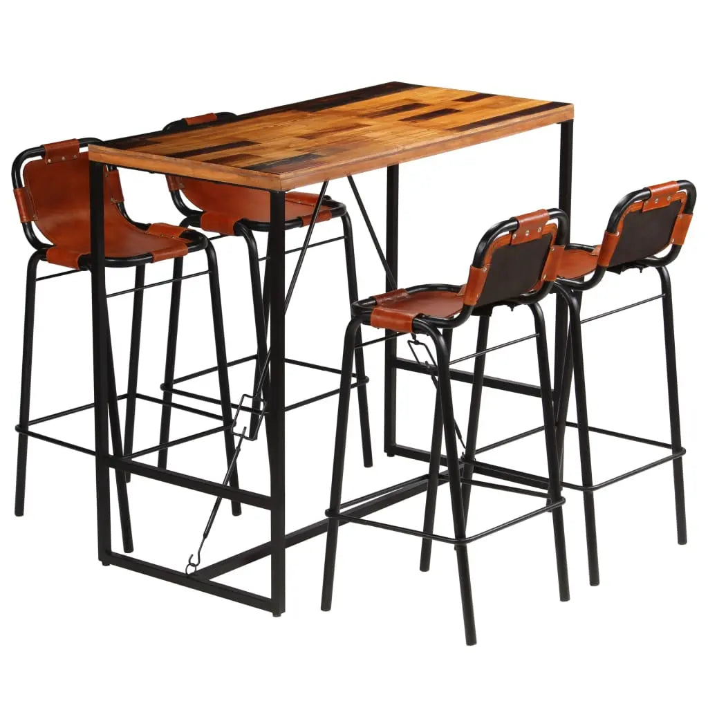 Bar Set 5 Pieces Solid Reclaimed Wood and Genuine Goat Leather - Living with Luxury