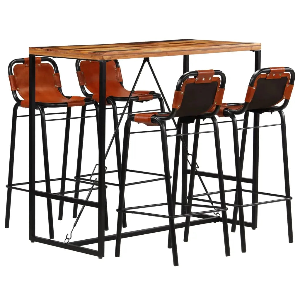 Bar Set 5 Pieces Solid Reclaimed Wood and Genuine Goat Leather - Living with Luxury