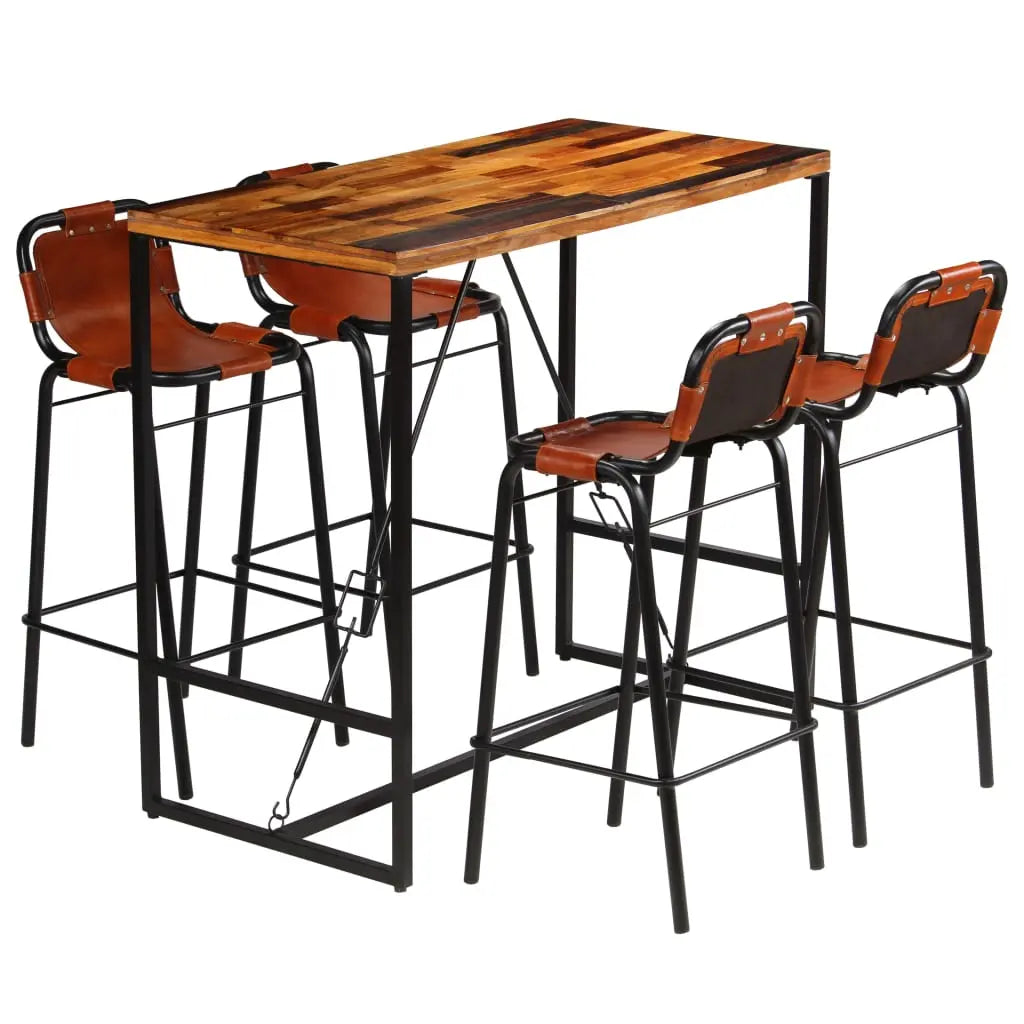 Bar Set 5 Pieces Solid Reclaimed Wood and Genuine Goat Leather - Living with Luxury