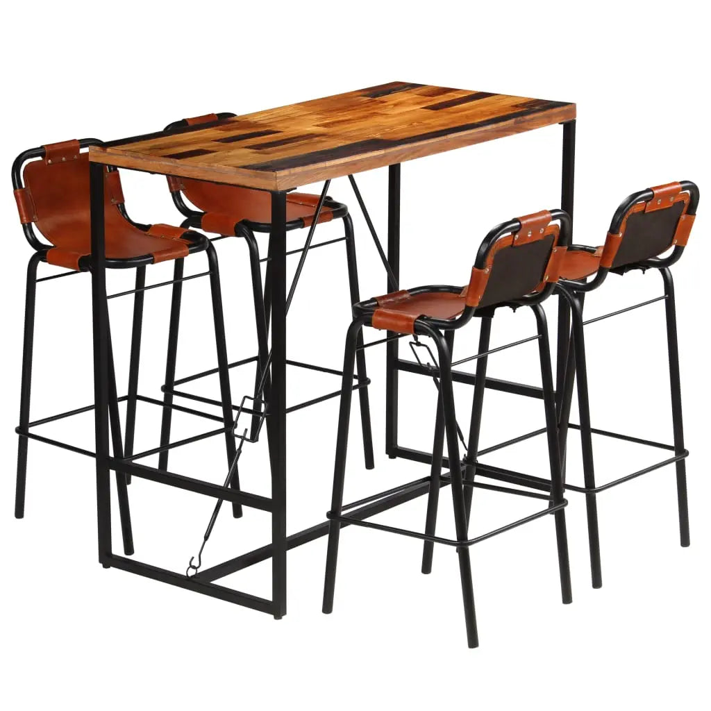 Bar Set 5 Pieces Solid Reclaimed Wood and Genuine Goat Leather - Living with Luxury