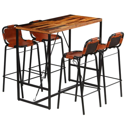 Bar Set 5 Pieces Solid Reclaimed Wood and Genuine Goat Leather - Living with Luxury