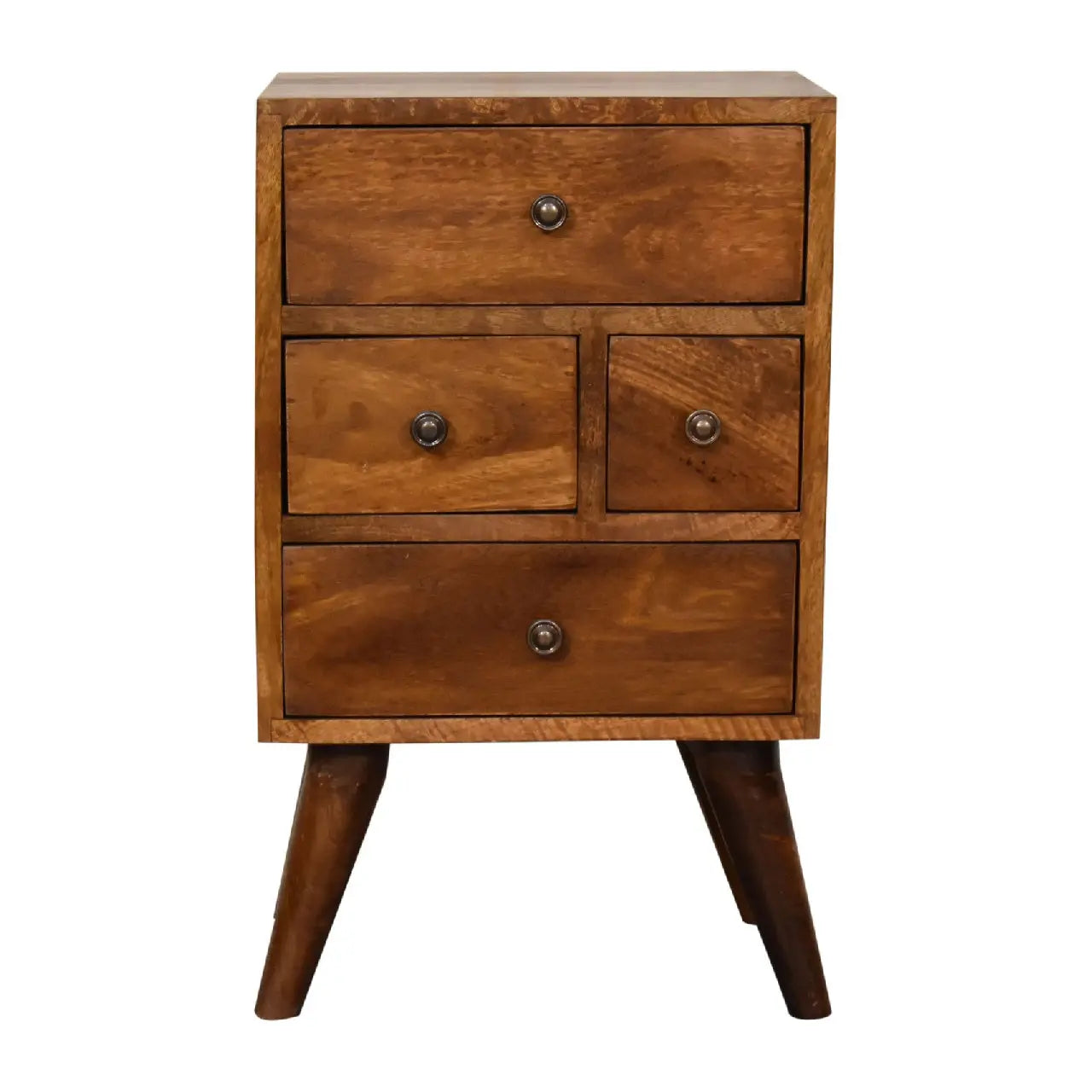 4 Drawer Multi Chestnut Bedside Table in a Rustic Bedroom Décor