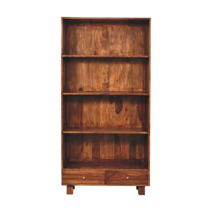 Tula Bookcase crafted from Sheesham wood with chestnut finish and brass knobs