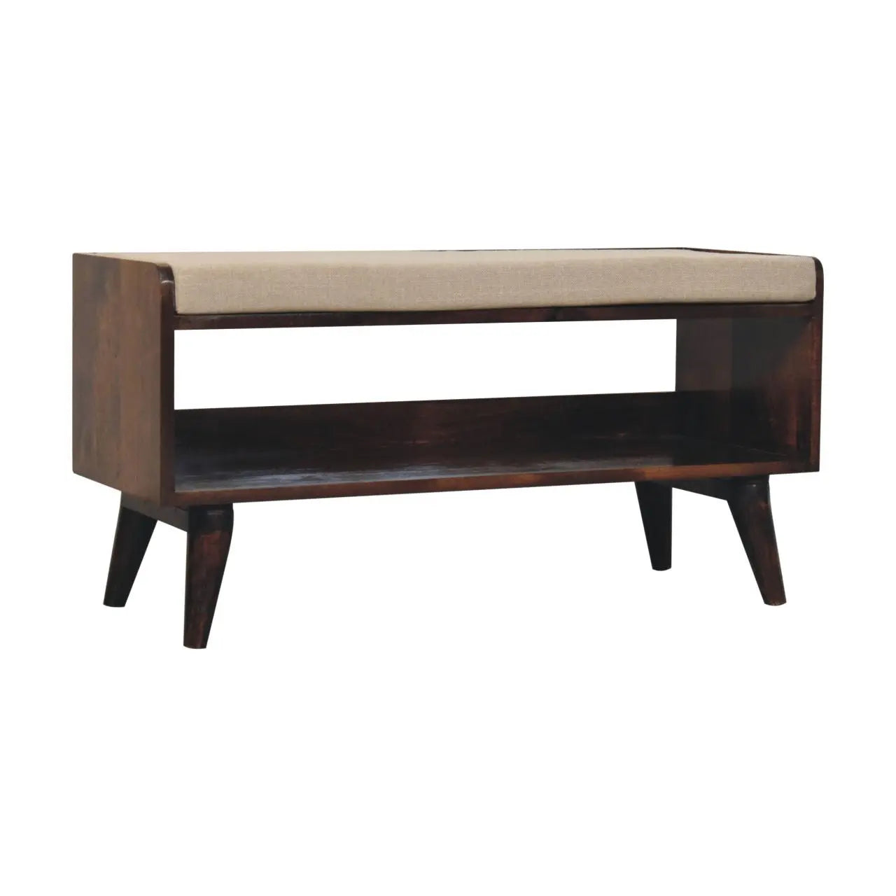 California Walnut bench with mud linen seat pad - Living with Luxury