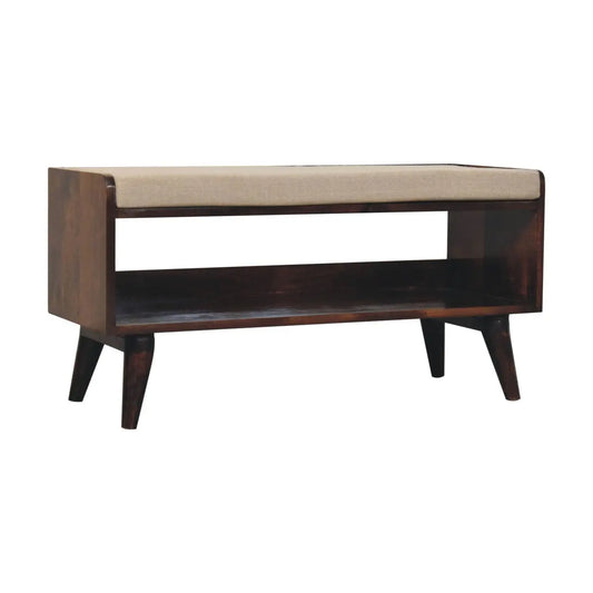 California Walnut bench with mud linen seat pad - Living with Luxury