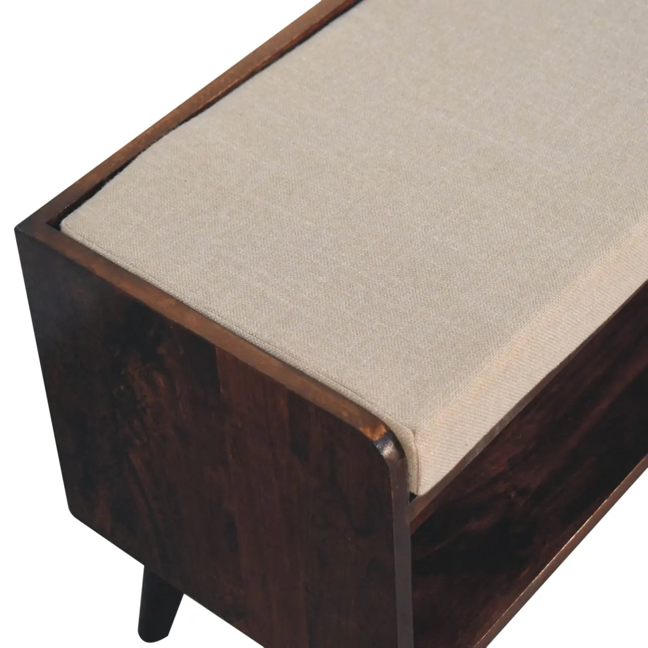 California Walnut bench with mud linen seat pad - Living with Luxury