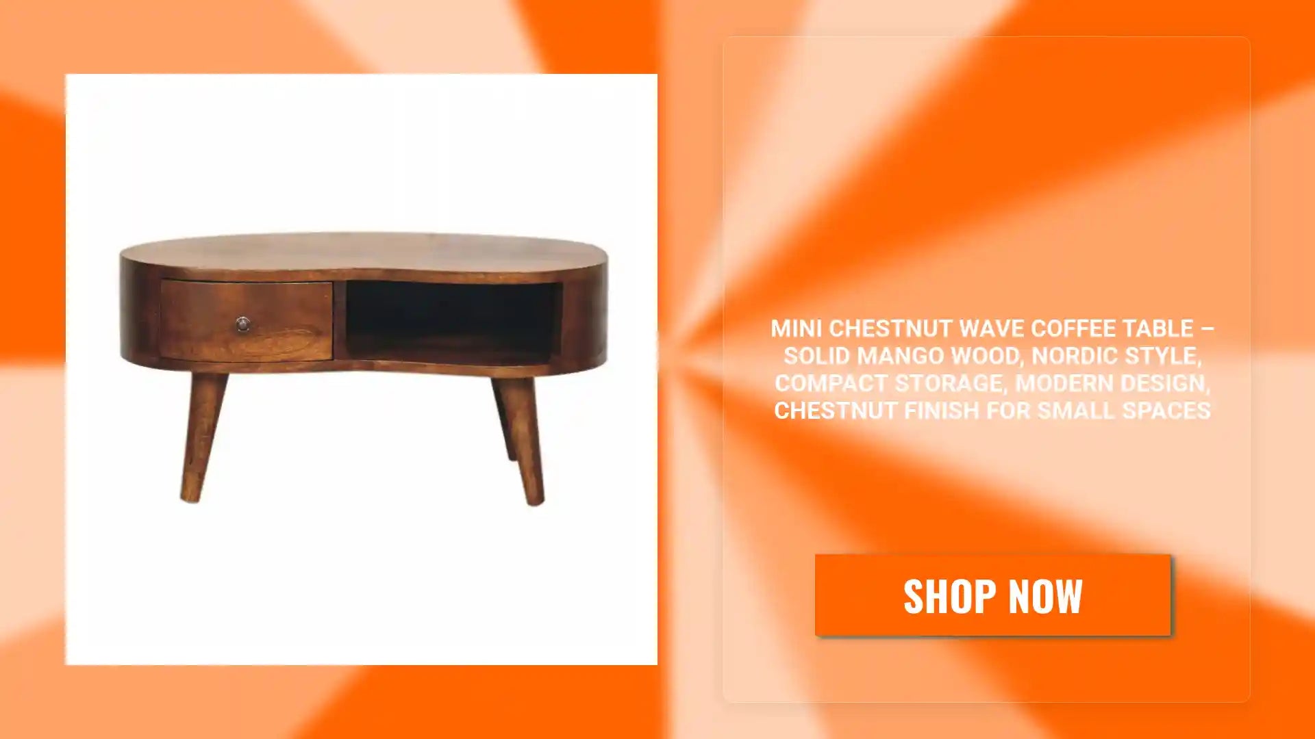 Mini Chestnut Wave Coffee Table &ndash; Solid Mango Wood, Nordic Style, Compact Storage, Modern Design, Chestnut Finish for Small Spaces by@Outfy