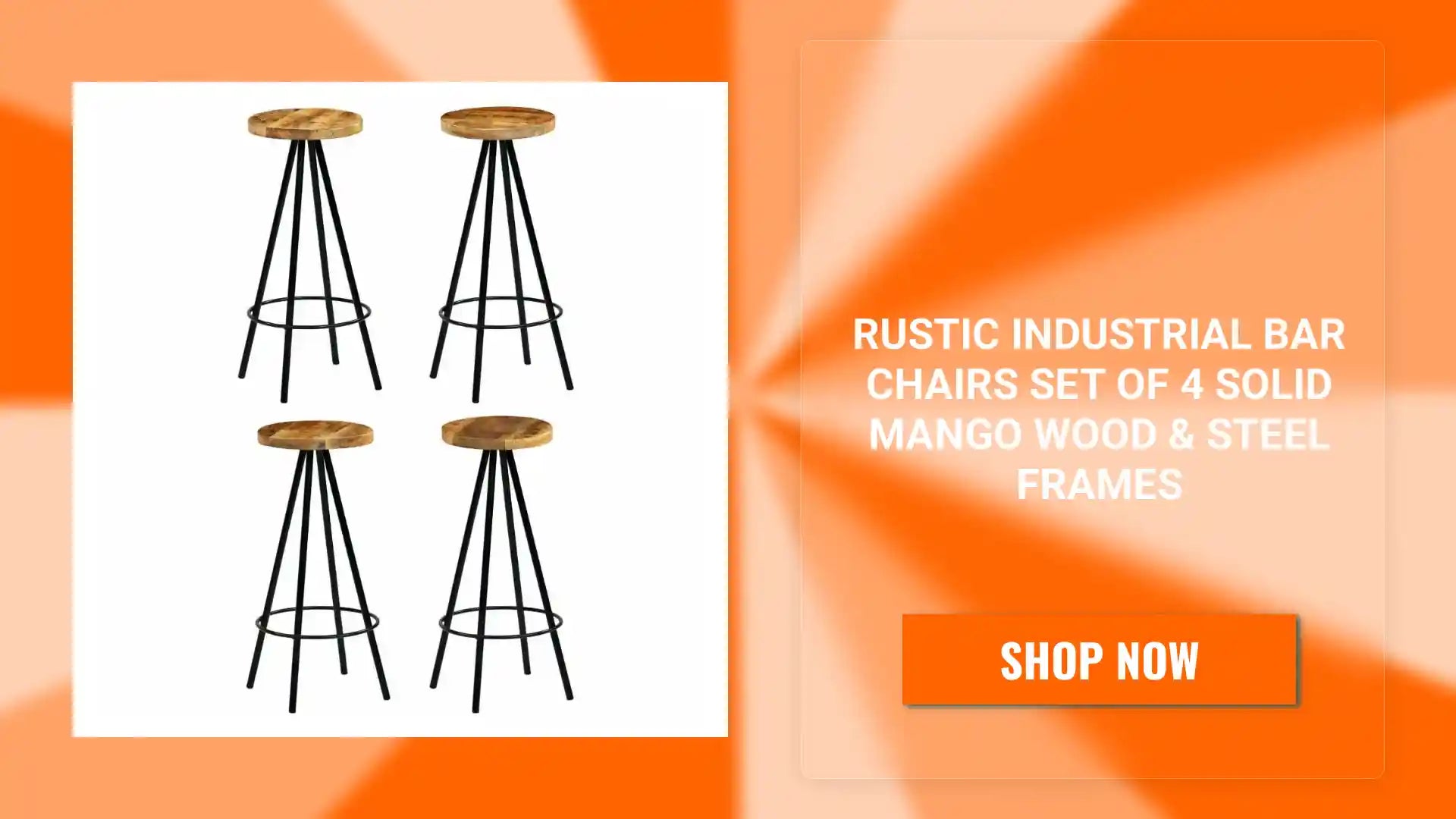 Rustic Industrial Bar Chairs Set of 4 Solid Mango Wood &amp; Steel Frames by@Outfy