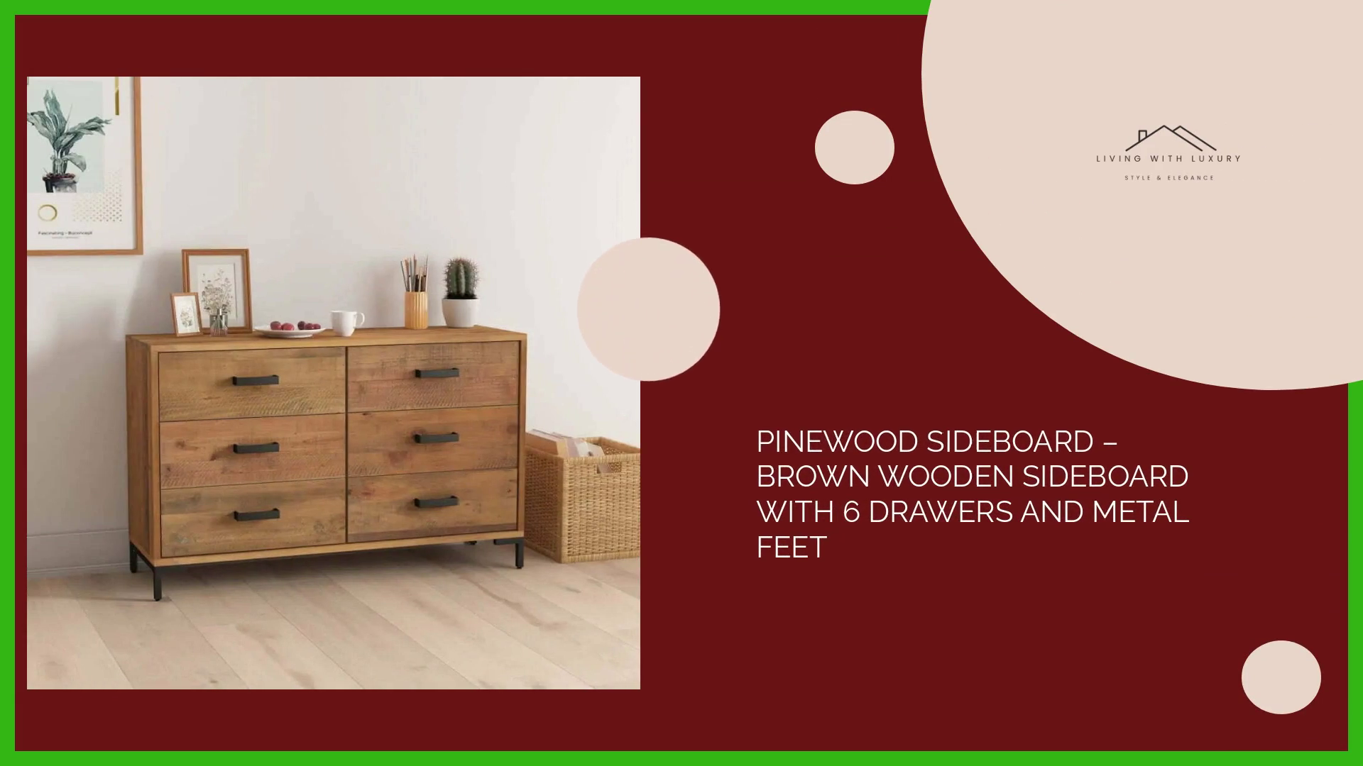 Pinewood Sideboard &ndash; Brown Wooden Sideboard with 6 Drawers and Metal Feet by@Outfy