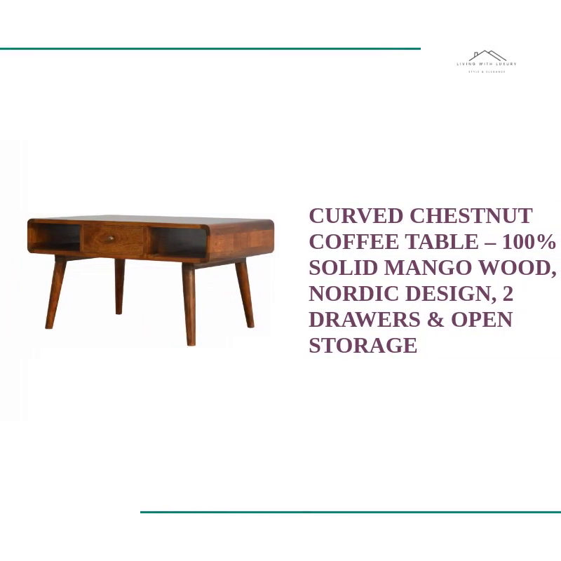 Curved Chestnut Coffee Table &ndash; 100% Solid Mango Wood, Nordic Design, 2 Drawers &amp; Open Storage by@Outfy