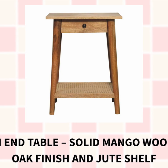 Woven End Table &ndash; Solid Mango Wood with Oak Finish and Jute Shelf by@Outfy