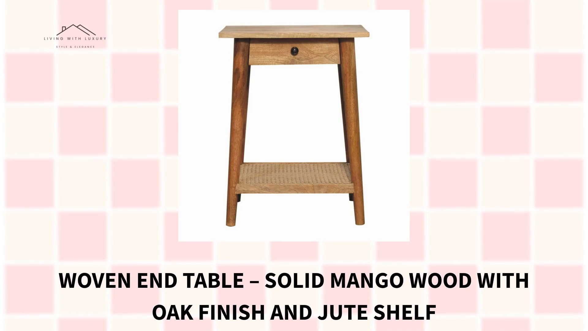 Woven End Table &ndash; Solid Mango Wood with Oak Finish and Jute Shelf by@Outfy