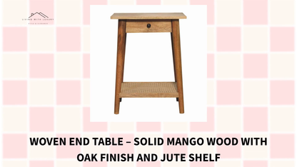 Woven End Table &ndash; Solid Mango Wood with Oak Finish and Jute Shelf by@Outfy