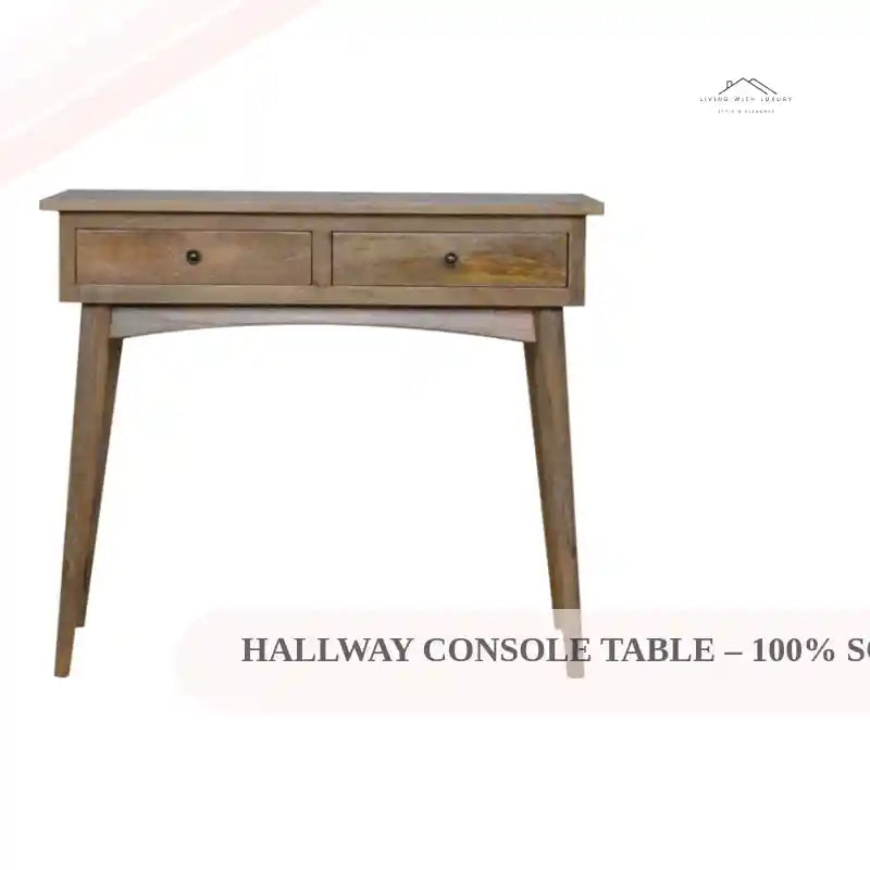 Hallway Console Table &ndash; 100% Solid Mango Wood, Nordic Design, 2 Drawers &amp; Open Storage, Oak Finish by@Outfy