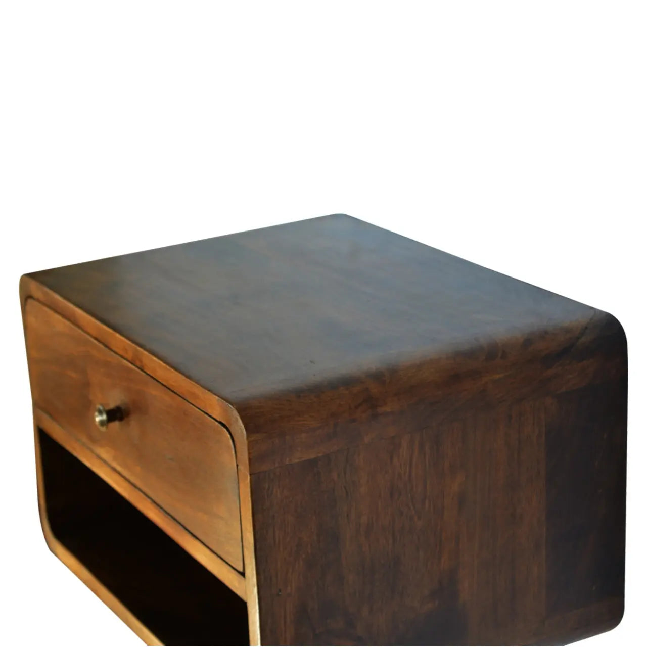 Floating Chestnut Curve Bedside Table for Space-Saving Storage