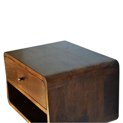 Floating Chestnut Curve Bedside Table for Space-Saving Storage